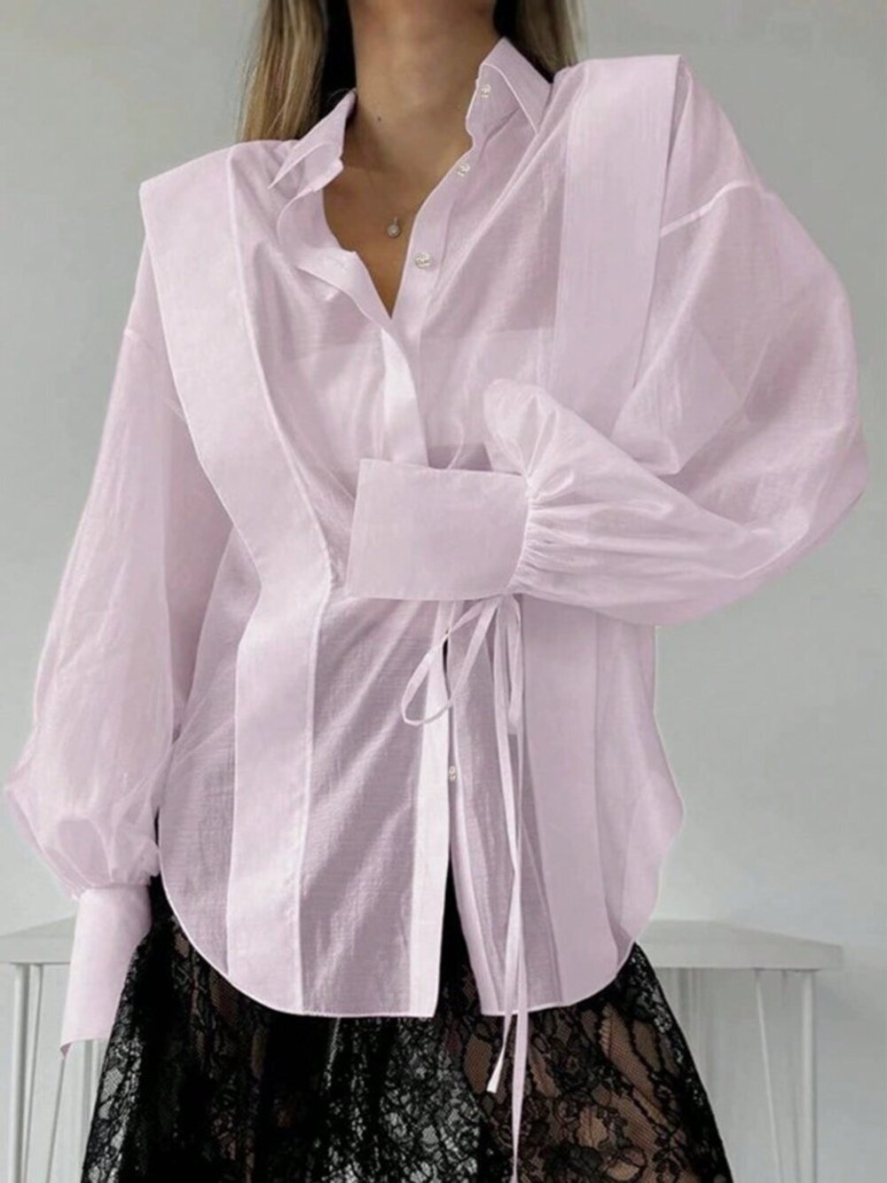 Pink Casual Women's Lapel Long Sleeve Tie Front Woven Shirt Blouse - Picture 4 of 7